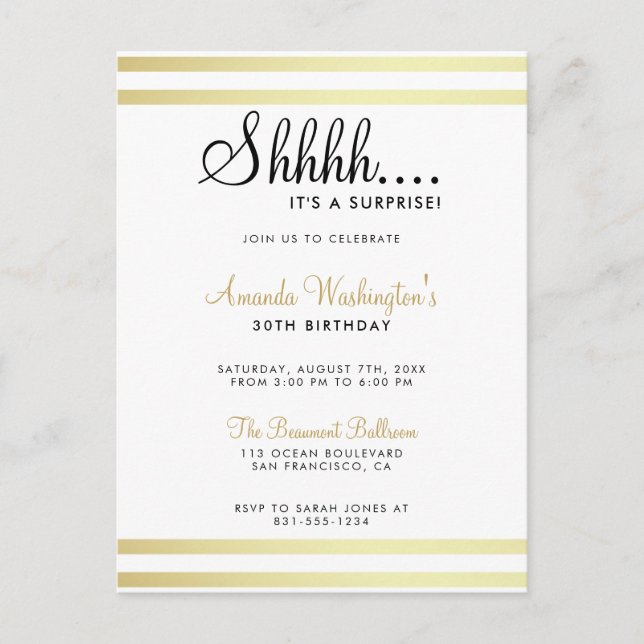Shh... It's A Surprise! Modern Gold Birthday Party Invitation Postcard (Front)