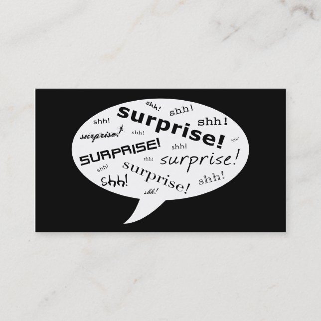 shh it's a surprise party comic bubble business card (Front)