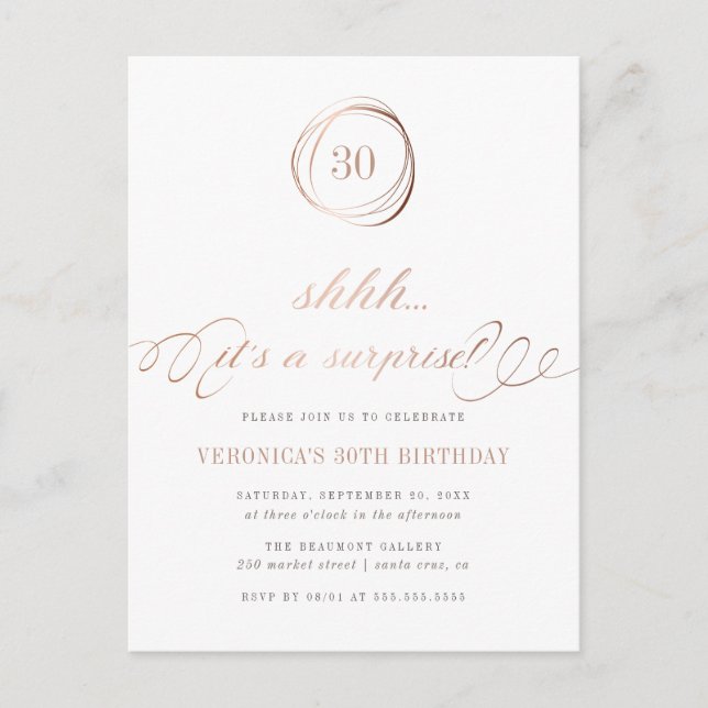 Shh.. It's a Surprise Rose Gold Surprise Party Invitation Postcard (Front)