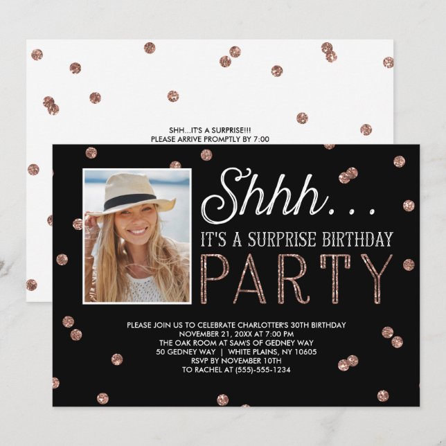 Shh Surprise Bday Party Glitter Photo Invitation (Front/Back)