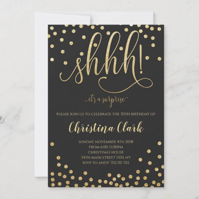 Shh Surprise Birthday Party Black Gold Confetti Invitation (Front)