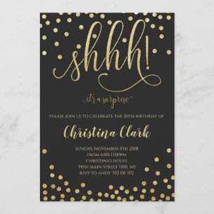 Shh Surprise Birthday Party Black Gold Confetti Invitation