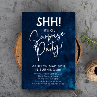 SHH! Surprise Birthday Party Navy Blue Watercolor  Invitation