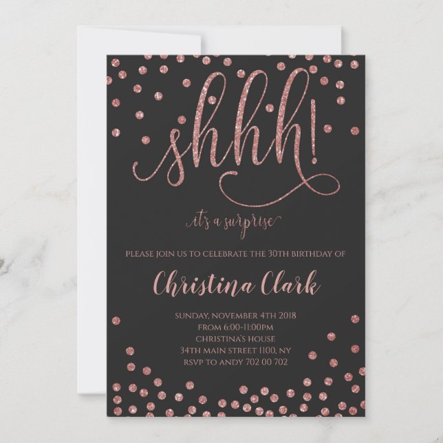Shh Surprise Birthday Party Rose Gold Confetti Invitation (Front)