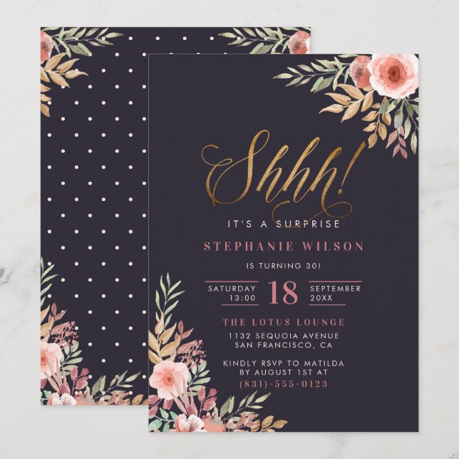 Shhh! Gold Glitter Script Surprise Birthday Party Invitation (Front/Back)