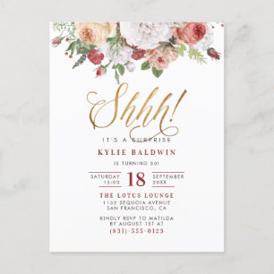 Shhh! Gold Glitter Script Surprise Birthday Party Invitation Postcard