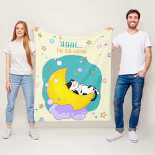 “Shhh, I am still asleep" Cute Kitty Sleep on Moon Fleece Blanket