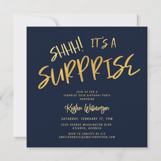 Shhh! It's a Surprise 50th Birthday Gold Blue Invitation (Front)