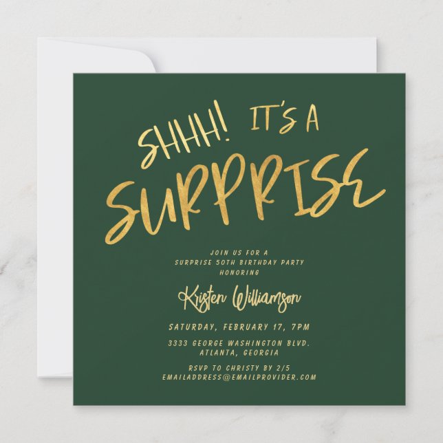 Shhh! It's a Surprise 50th Birthday Gold Green Invitation (Front)