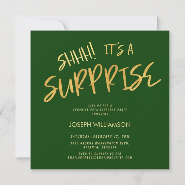 Shhh! It's a Surprise 50th Birthday Gold Green Invitation (Front)
