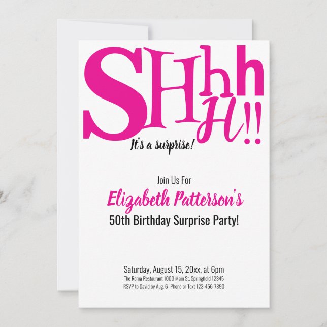 Shhh It's a Surprise Birthday Party Adult Pink Invitation (Front)