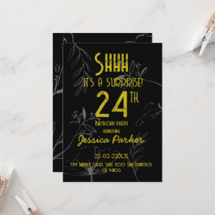 Shhh It's a Surprise Black and Gold Birthday  Invitation
