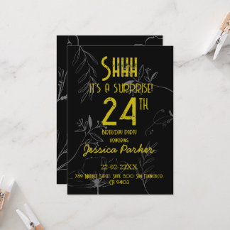 Shhh It's a Surprise Black and Gold Birthday  Invitation
