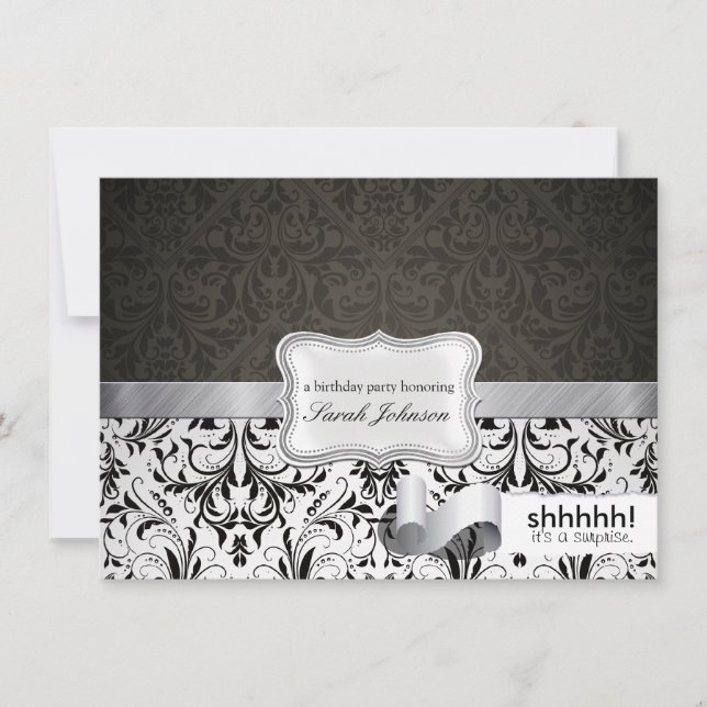 Shhh!  It's a surprise.  Black and White Damask Invitation (Front)