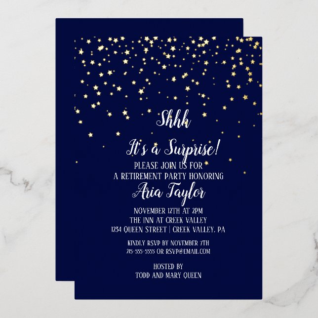 Shhh It's a Surprise Confetti on Navy Blue Gold (Front/Back)