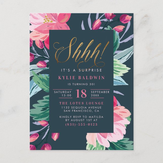 Shhh! It's A Surprise! Cute Floral Birthday Party Invitation Postcard (Front)