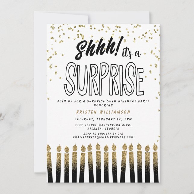 Shhh! It's a Surprise Fun 50th Birthday Candle  Invitation (Front)