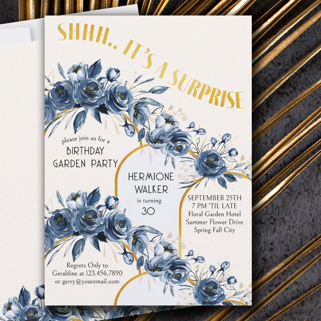 Shhh It's a Surprise Gold Arch Blue Rose Birthday  Invitation (Creator Uploaded)