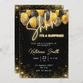 Shhh its a surprise Gold Black Birthday Invitation