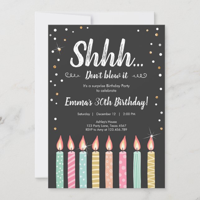 Shhh It's a Surprise Gold Confetti Birthday Party Invitation (Front)