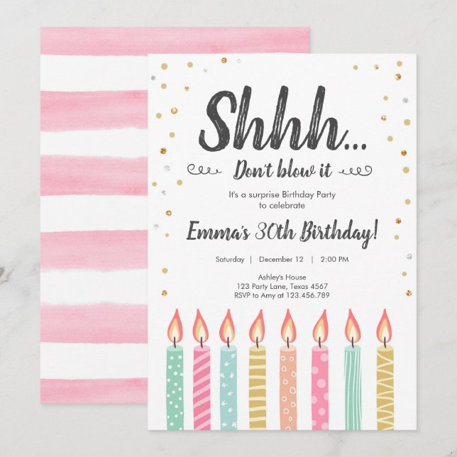 Shhh It's a Surprise Gold Confetti Birthday Party Invitation (Front/Back)