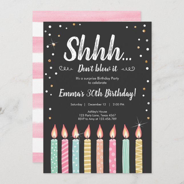 Shhh It's a Surprise Gold Confetti Birthday Party Invitation (Front/Back)