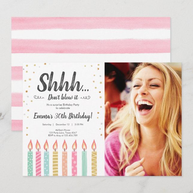 Shhh It's a Surprise Gold Confetti Birthday Party Invitation (Front/Back)