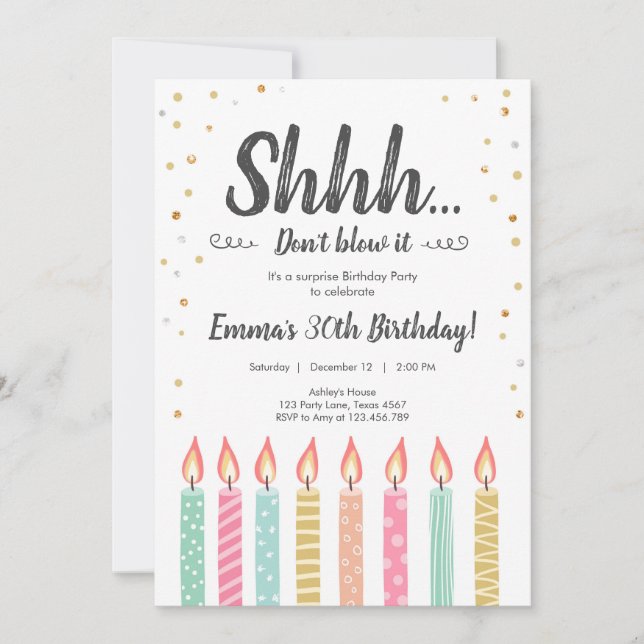 Shhh It's a Surprise Gold Confetti Birthday Party Invitation (Front)