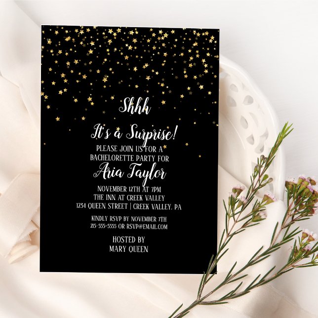 Shhh It's a Surprise Gold Confetti on Black Party Invitation (Creator Uploaded)