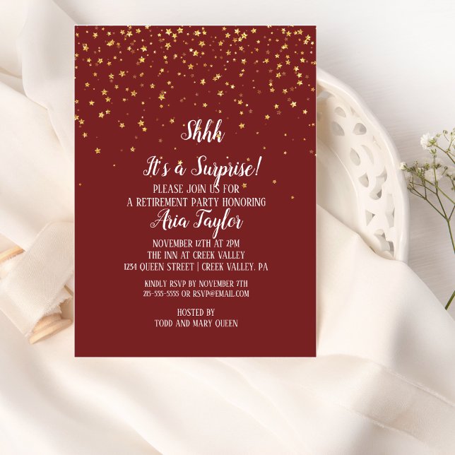 Shhh It's a Surprise Gold Confetti on Burgundy Invitation (Creator Uploaded)
