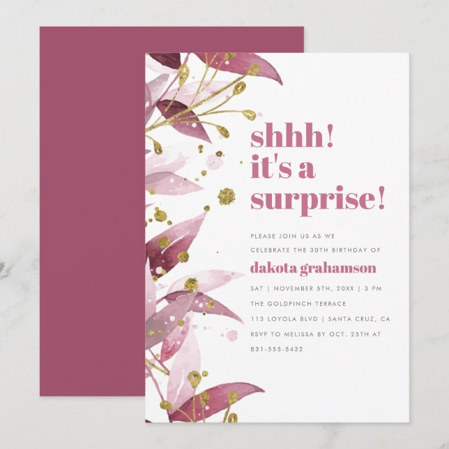 Shhh! It's A Surprise! | Purple Leaves Birthday Invitation (Front/Back)