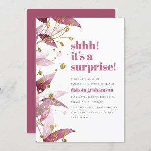 Shhh! It's A Surprise! Purple Leaves Birthday Invitation