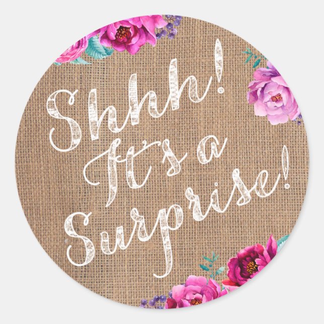 Shhh! Purple surprise party envelope stickers (Front)