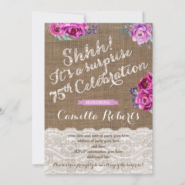 Shhh! Surprise 75th Birthday Invite Card, female (Front)