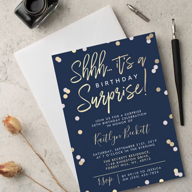 Shhh... Surprise Birthday Party Gold Foil Confetti Invitation (Creator Uploaded)