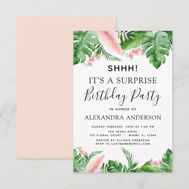 Shhh Surprise Birthday Party Tropical Palm Floral Invitation (Front/Back)