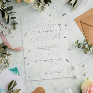 Shhh... Surprise Birthday Silver Foil Confetti Acrylic Invitations