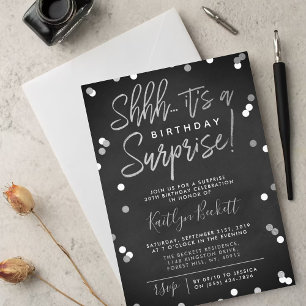 Shhh... Surprise Birthday Silver Foil Confetti Invitation