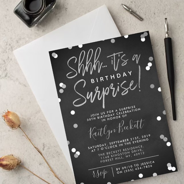 Shhh... Surprise Birthday Silver Foil Confetti Invitation (Creator Uploaded)