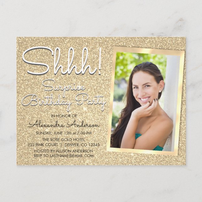 Shhh! Surprise Gold Birthday Party Photo Postcard (Front)