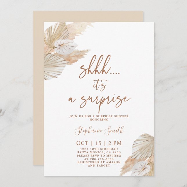 Shhh Surprise Pampas Grass Shower Invitation (Front/Back)
