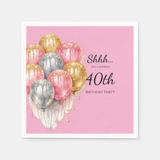 Shhh Surprise Pink Silver and Gold Birthday Party Napkin (Front)