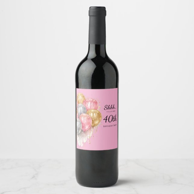 Shhh Surprise Pink Silver and Gold Birthday Party Wine Label (Front)