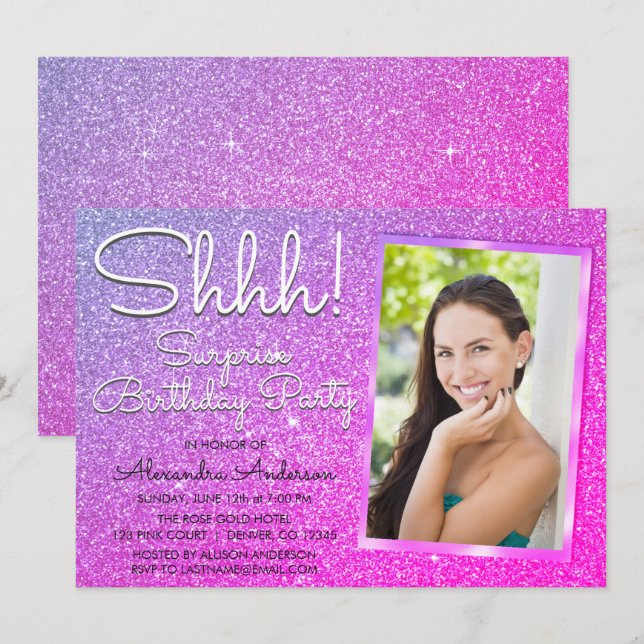 Shhh! Surprise Purple Pink Birthday Party Photo Invitation (Front/Back)