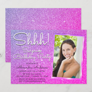 Shhh! Surprise Purple Pink Birthday Party Photo Invitation