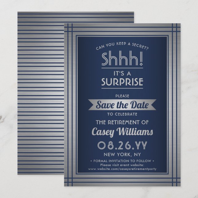 Shhh! Surprise Retirement Party Elegant Navy Blue Save The Date (Front/Back)