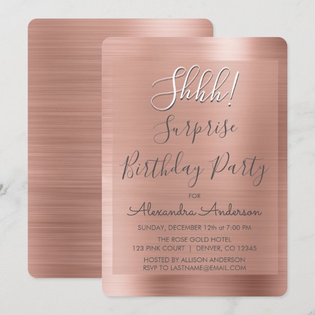 Shhh! Surprise Rose Gold Birthday Party Invitation (Front/Back)