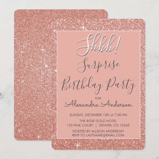 Shhh! Surprise Rose Gold Birthday Party Invitation (Front/Back)