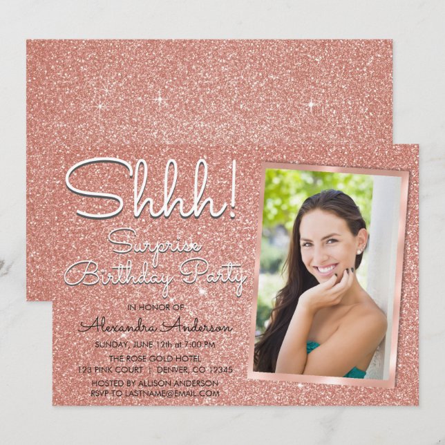 Shhh! Surprise Rose Gold Birthday Party Photo Invitation (Front/Back)