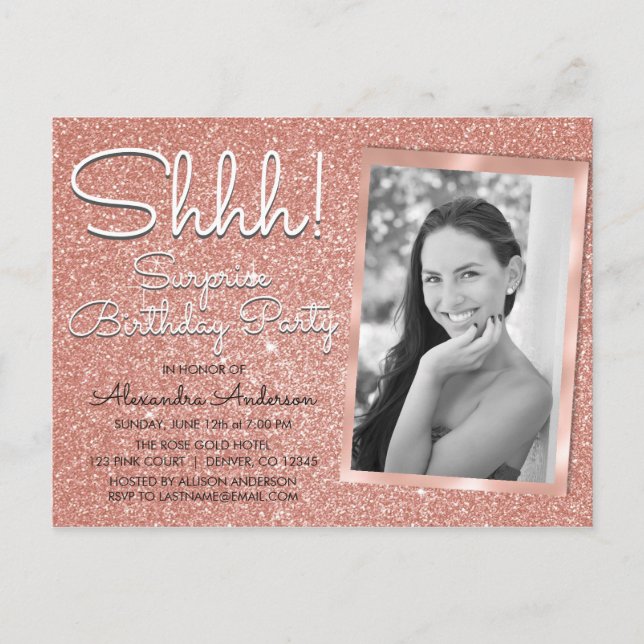 Shhh! Surprise Rose Gold Birthday Party Photo Postcard (Front)
